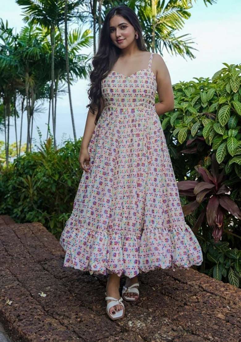 Cream Printed Rayon Gown - Indya