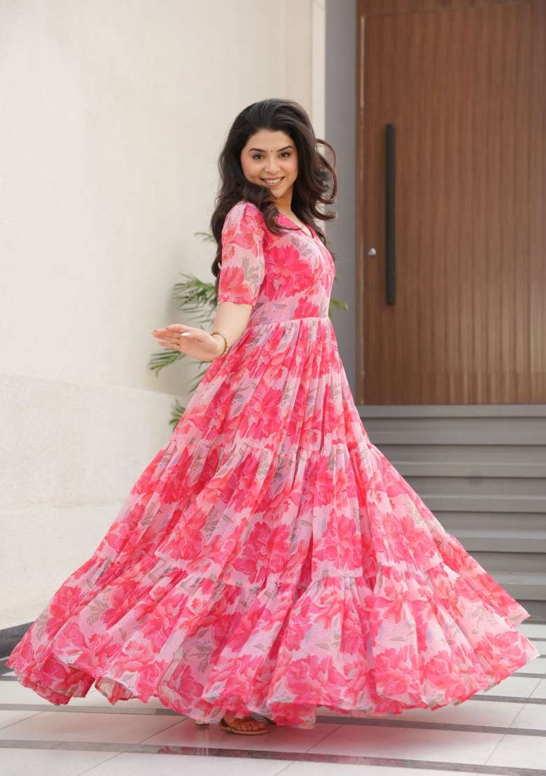 Pink Floral Print Georgette Gown - Indya