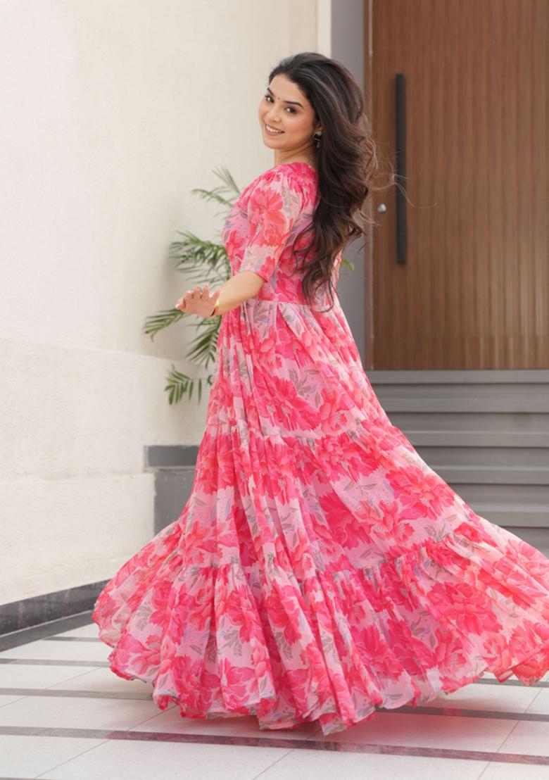 Pink Floral Print Georgette Gown