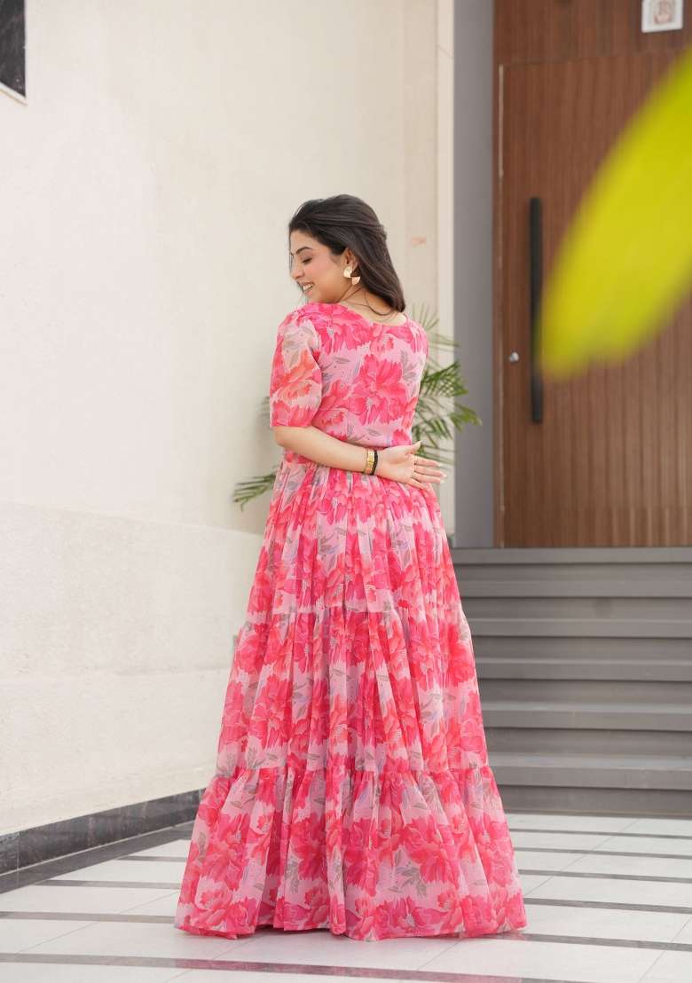 Pink Floral Print Georgette Gown - Indya