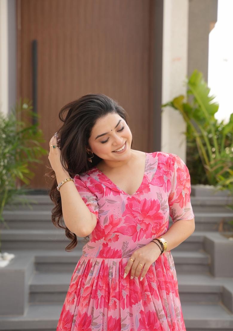 Pink Floral Print Georgette Gown