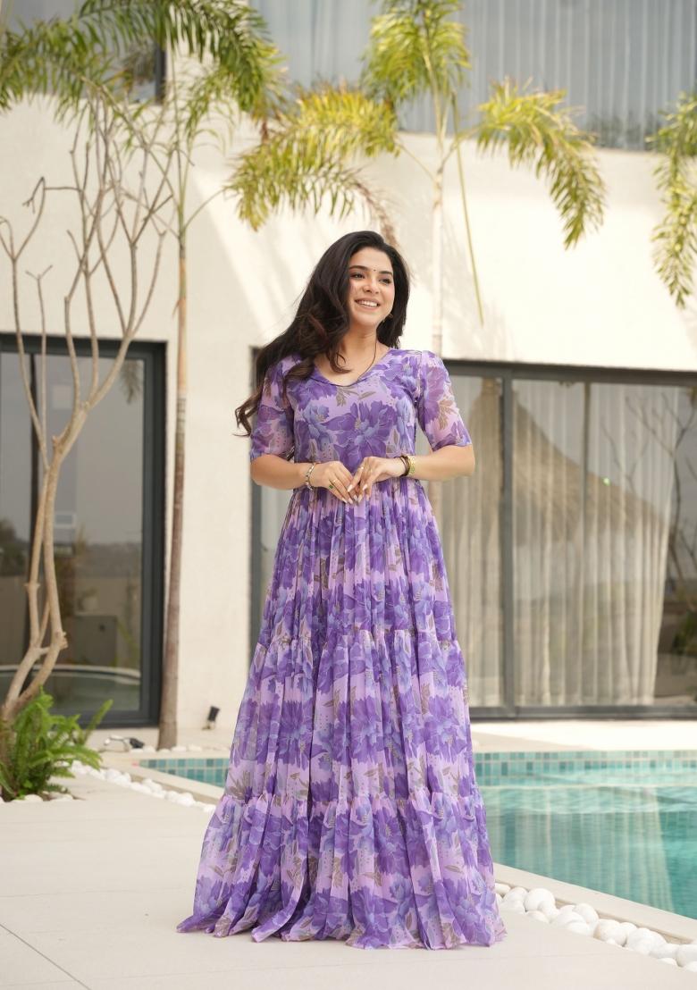 Purple Floral Print Georgette Gown