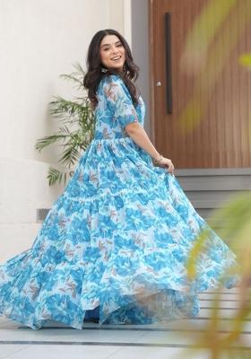 Sky Blue Floral Print Georgette Gown
