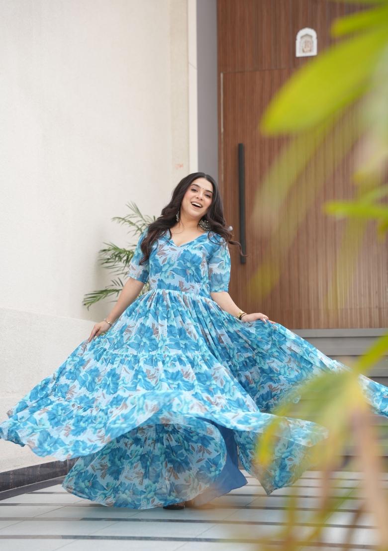 Sky Blue Floral Print Georgette Gown