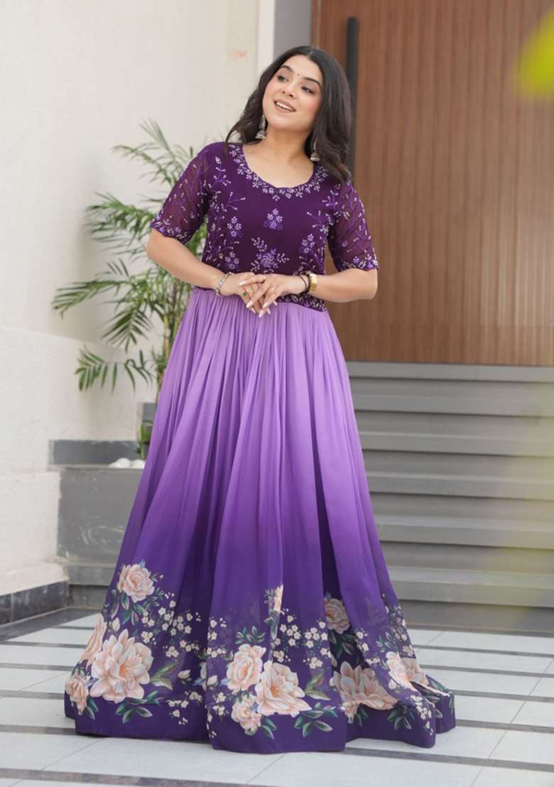 Purple Floral Print Georgette Gown - Indya