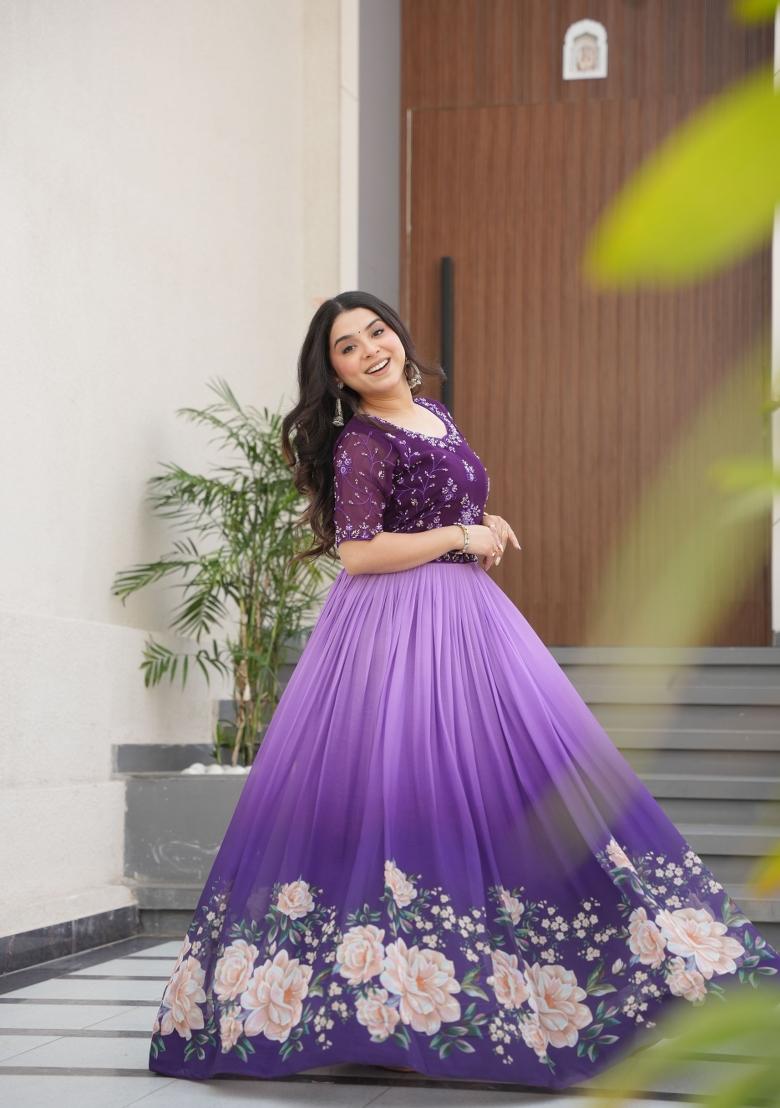 Purple Floral Print Georgette Gown