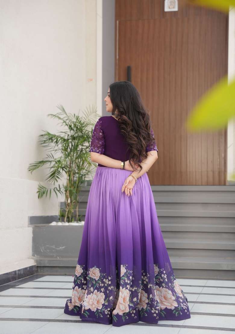 Purple Floral Print Georgette Gown - Indya