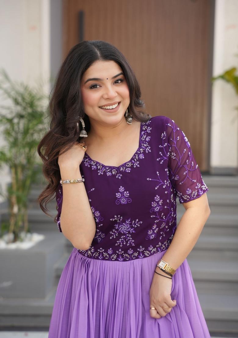 Purple Floral Print Georgette Gown