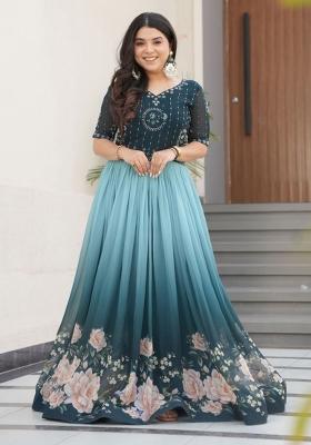 Green Floral Print Georgette Gown