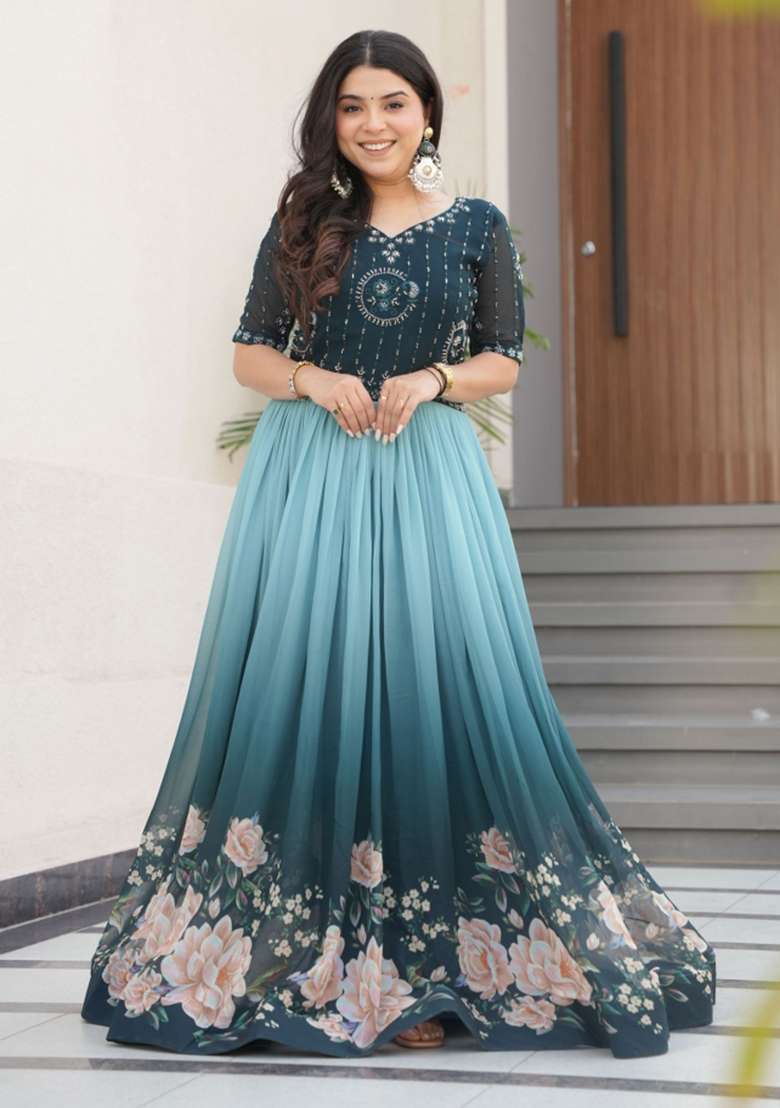 Green Floral Print Georgette Gown - Indya