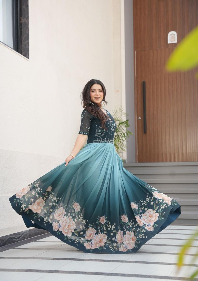 Green Floral Print Georgette Gown