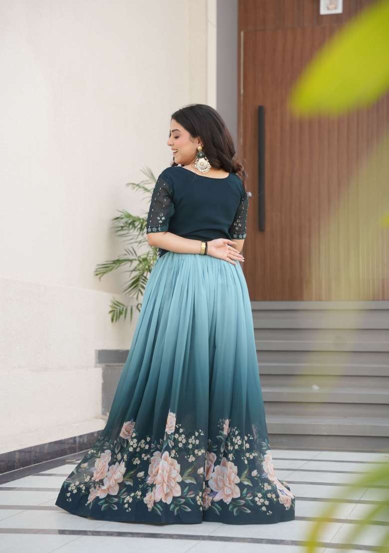 Green Floral Print Georgette Gown - Indya