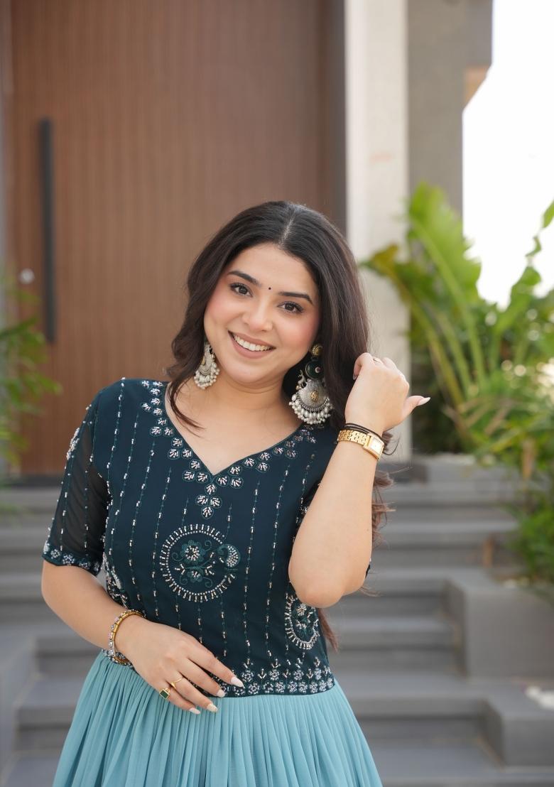 Green Floral Print Georgette Gown