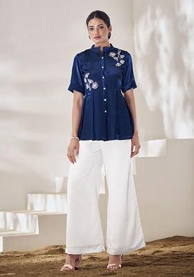 Blue Embroidered Poly Blend Short Kurta
