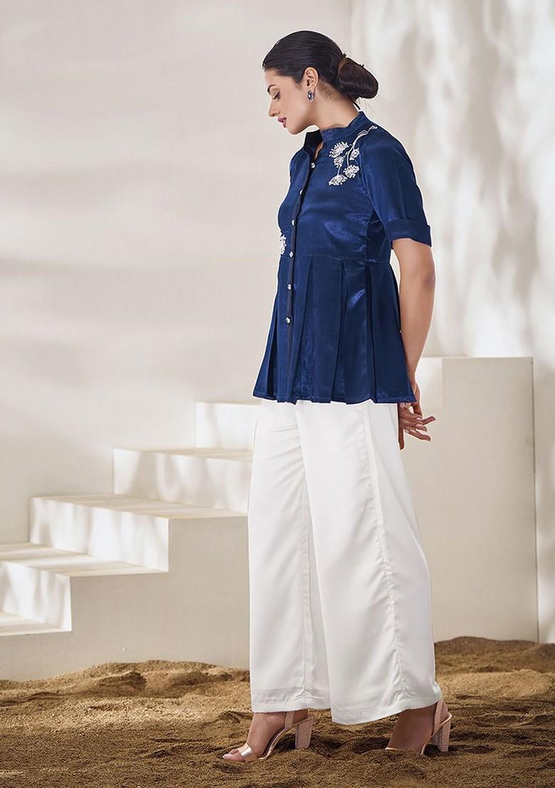 Blue Embroidered Poly Blend Short Kurta