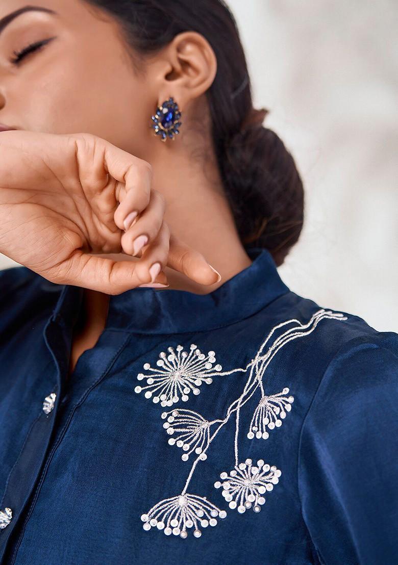 Blue Embroidered Poly Blend Short Kurta