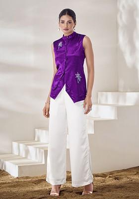 Violet Embellished Poly Blend Short Kurta