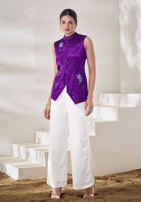Violet Embellished Poly Blend Short Kurta