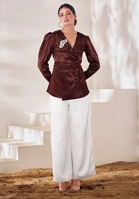 Brown Embroidered Poly Blend Short Kurta