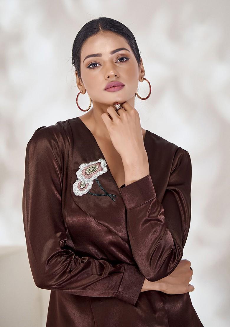 Brown Embroidered Poly Blend Short Kurta