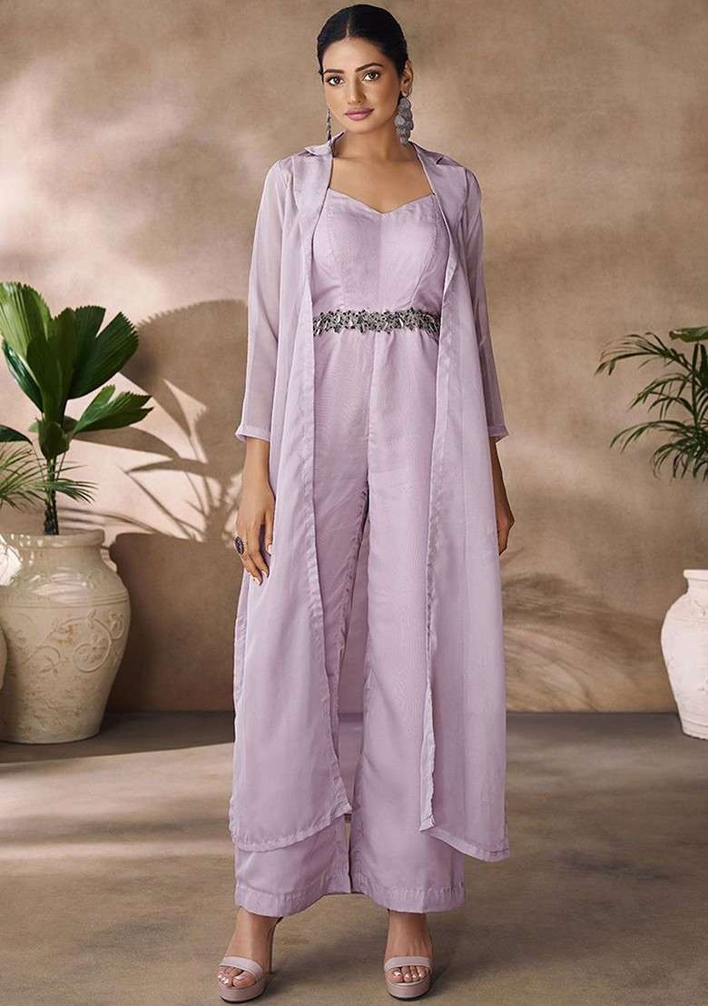 Lavender Embellished Poly Blend Jumpsuit - Indya