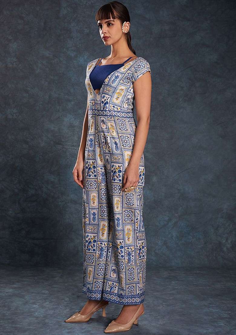 Navy Blue Printed Poly Blend Jumpsuit - Indya