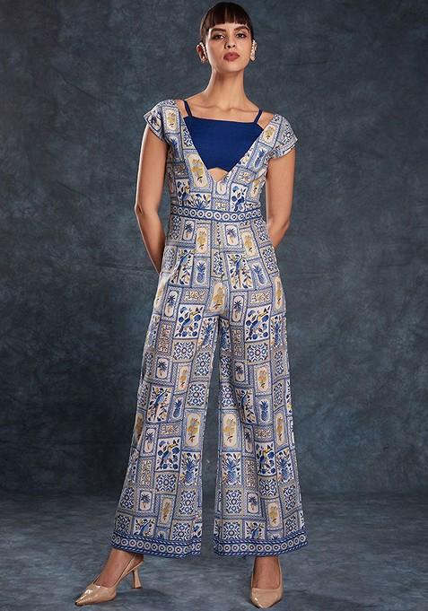 Navy Blue Printed Poly Blend Jumpsuit