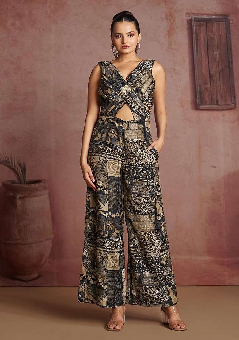 Black Printed Poly Blend Jumpsuit - Indya