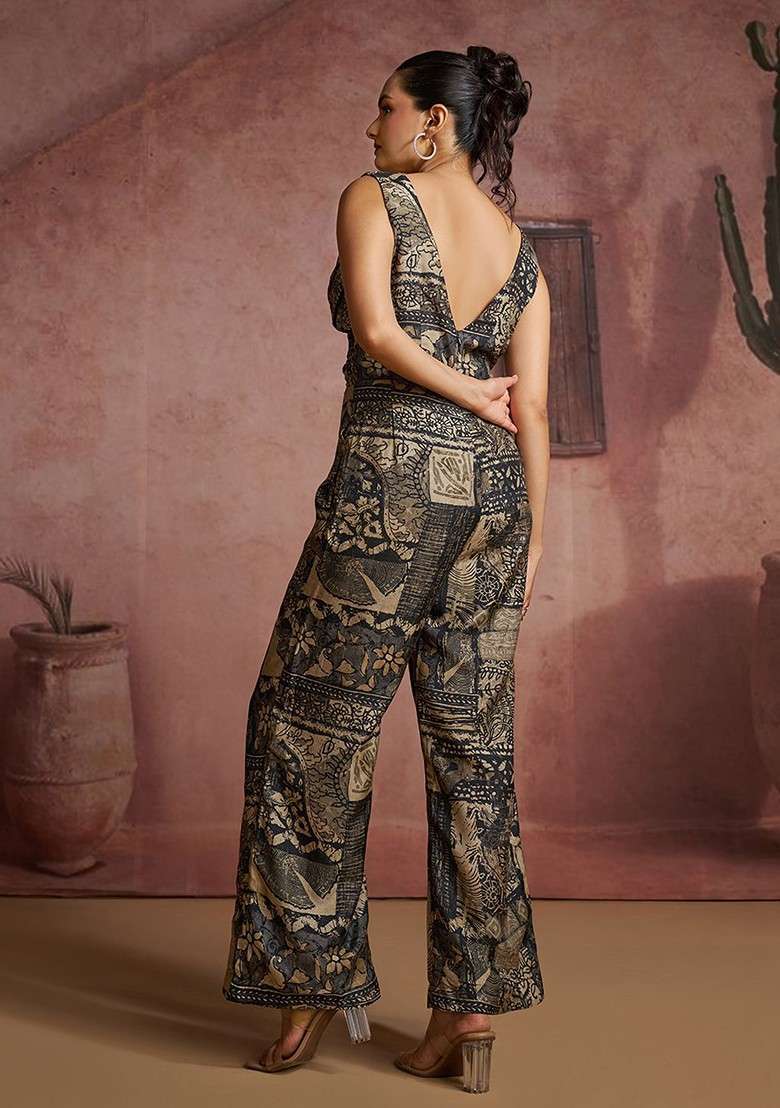Black Printed Poly Blend Jumpsuit - Indya