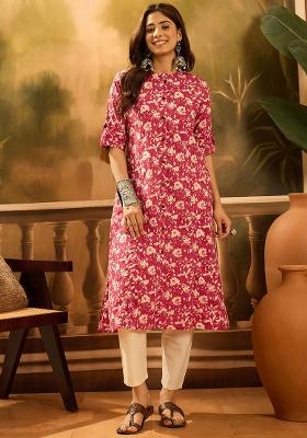 Red And Green Printed Pure Cotton Kurta