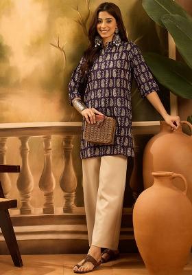 Blue Printed Pure Cotton Short Kurta