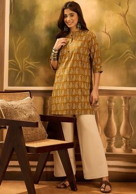 Mustard Yellow Printed Pure Cotton Short Kurta