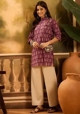 Maroon Printed Pure Cotton Short Kurta
