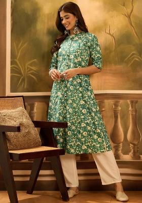 Green Printed Pure Cotton Kurta