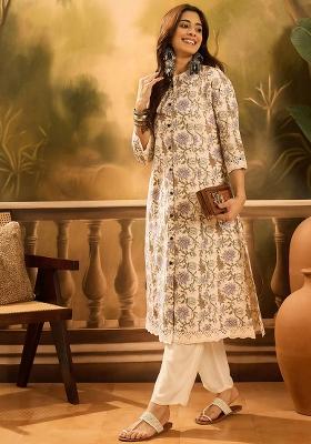Cream Printed Pure Cotton Kurta