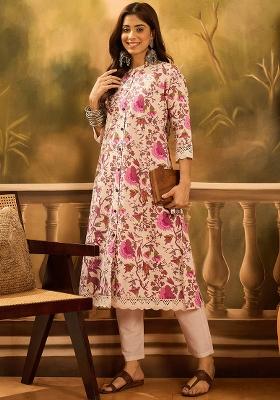Cream Printed Pure Cotton Kurta