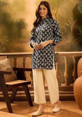 Black Printed Pure Cotton Short Kurta