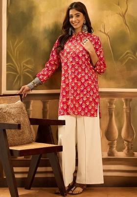 Red Printed Pure Cotton Short Kurta