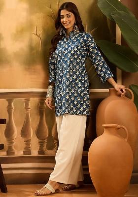 Blue Printed Pure Cotton Short Kurta