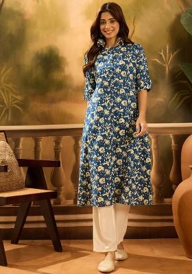 Blue Printed Pure Cotton Kurta