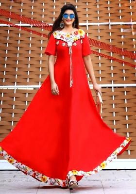 Red Printed  Rayon Anarkali Kurti