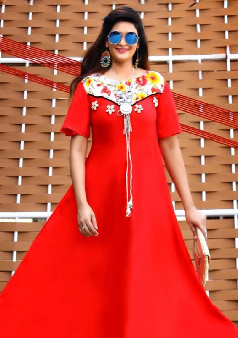 Red Printed  Rayon Anarkali Kurti