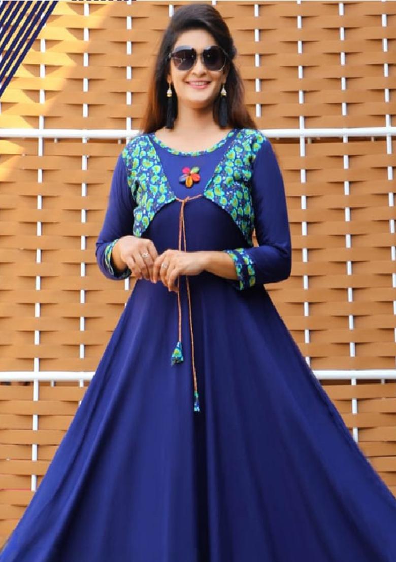 Blue Printed  Rayon Anarkali Kurti