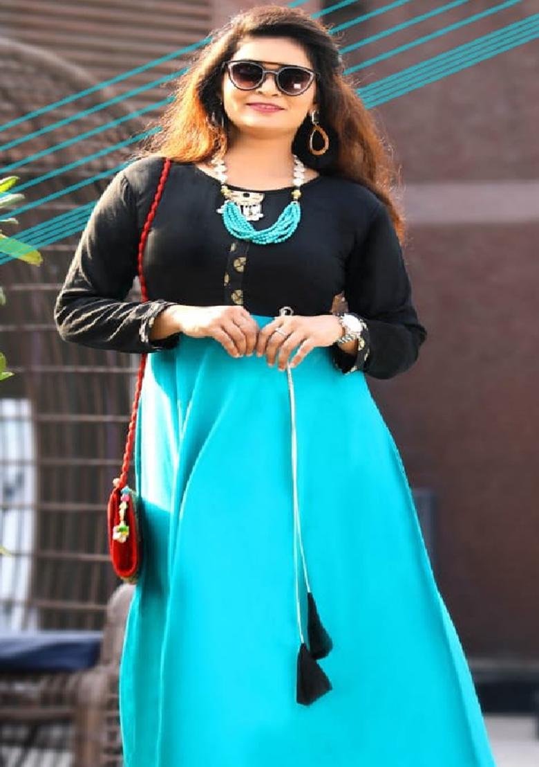 Teal Blue Printed  Rayon Anarkali Kurti