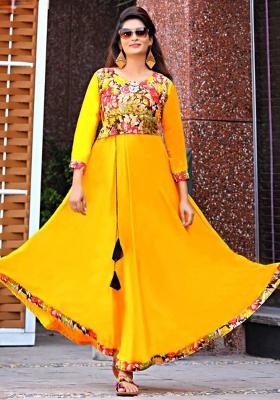 Yellow Printed  Rayon Anarkali Kurti