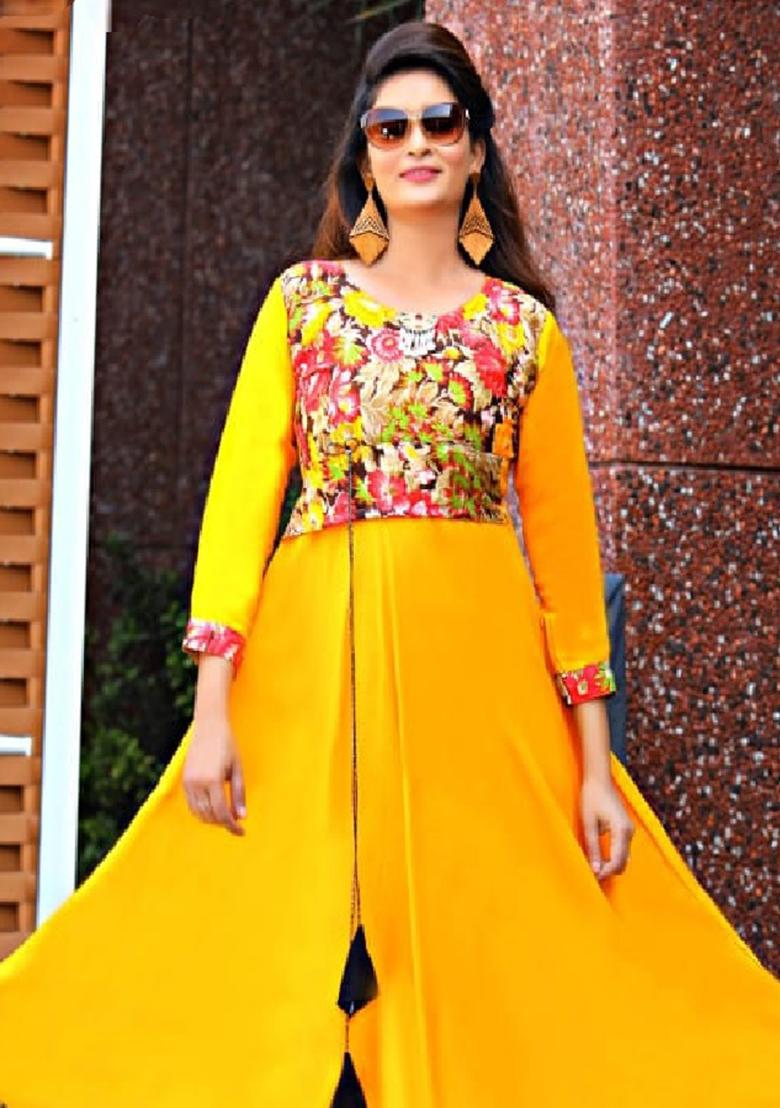 Yellow Printed  Rayon Anarkali Kurti