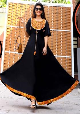 Black Printed  Rayon Anarkali Kurti