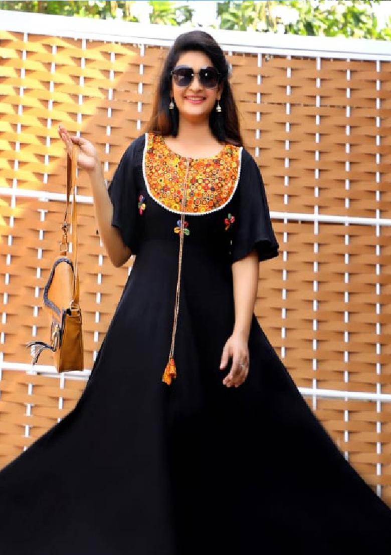 Black Printed  Rayon Anarkali Kurti