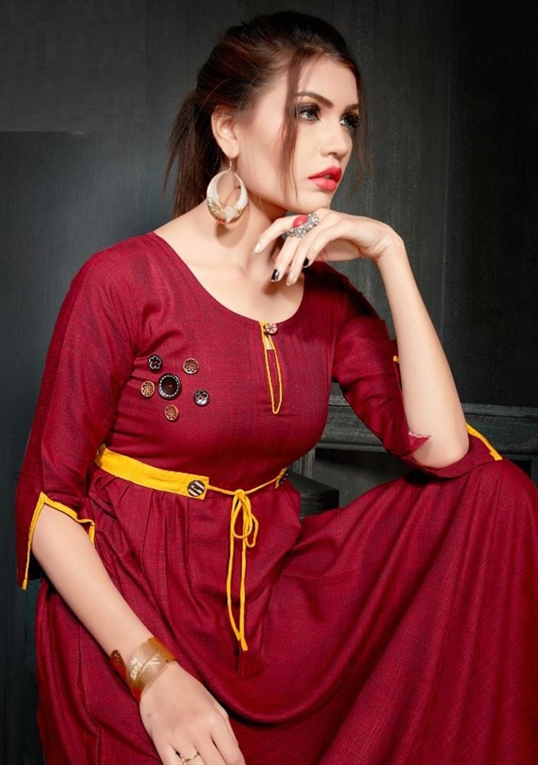 Maroon Plain Rayon Anarkali Kurti