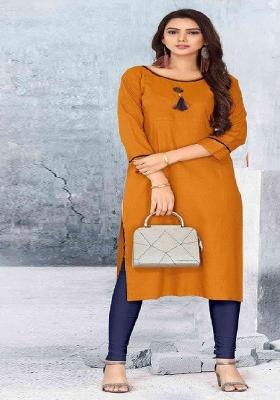 Orange Plain Rayon Anarkali Kurti